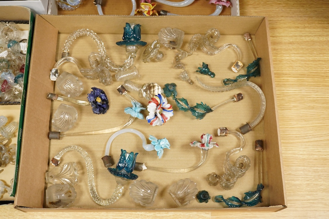 Various component parts of coloured Venetian floral chandeliers, glass central column 43cm high